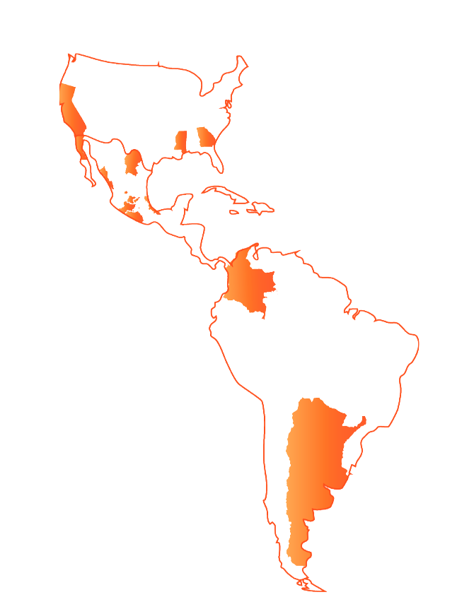 Mapa de las Américas — presencia de Néctar en México, Estados Unidos, Colombia y Argentina